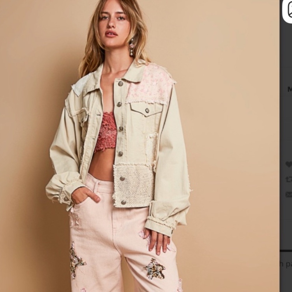 #184-0421 New POL Beige and Pink Jean Jacket with Crochet Accents - Picture 6 of 6